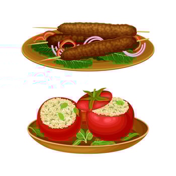 Stuffed with Rice Tomato and Skewered Kofta or Meatloaf as Egyptian Dish Illustration Set vector