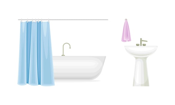 Bathtub with Tap and Shower Curtain and Sink as Home Amenity for Bathing Illustration Set vector