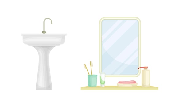 White Bathroom Sink Basin with Tap and Mirror with Shelf Isolated on White Background Illustration Set vector