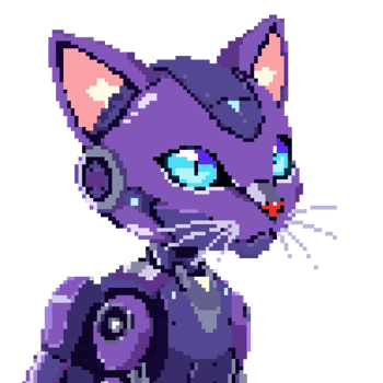 Pixelated Purple Robotic Cat with Blue Eyes png