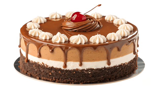 A chocolate cake with cherry topping and white cream decorations on a silver plate surface view on transparent background silhouette png