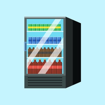 Refrigerated showcase with drinks in colorful bottles vector