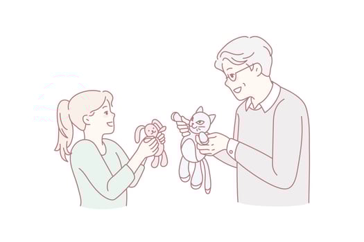 Child and adult playing with stuffed toys vector