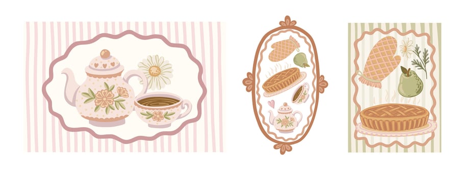 vintage teapot and dessert illustration vector