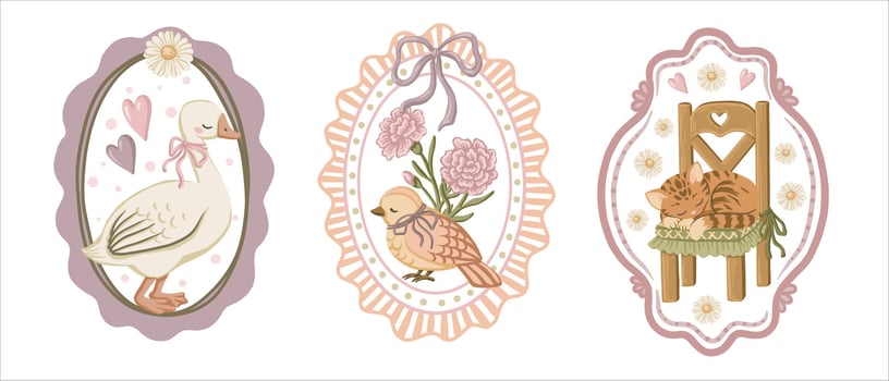 Pastel animal illustrations in decorative frames vector