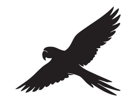 Black silhouette of macaw parrot in flight, wings spread wide, isolated on white background. concept of exotic bird, wildlife, freedom, nature icon, logo, design element vector