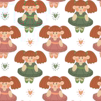 Pattern with a fabric doll. soft, delicate children's toy with long hair made of threads. flat, colorful, seamless texture. A ballerina doll. Love, care, and comfort. Packaging for children's products vector