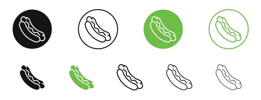 Hotdog icons in black and green colors. pack vector