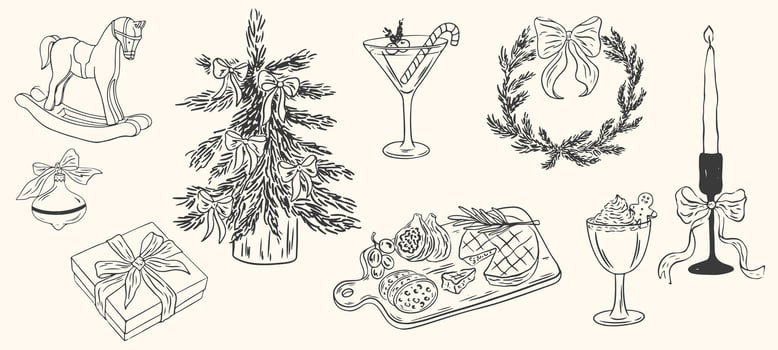 Hand drawn chalk vintage new year set. Whimsical Christmas dinner table decor candles, charcuterie, wine or champagne. Retro vintage ink holiday menu elements. La dolce vita illustration. vector
