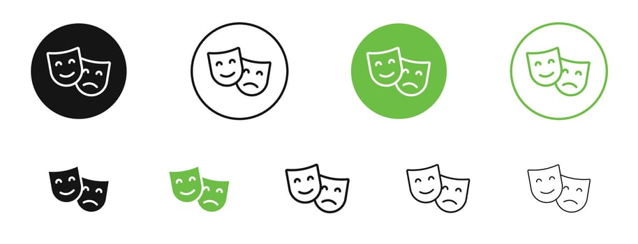 Theater masks icons in black and green colors. pack vector