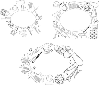 Hair salon tools oval frame set. graphic line ink template illustration. Place for your text, logo Frame for text with a set of beauty items. For logo, web, package, sticker. vector
