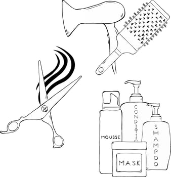 haircut Hair treatment barber composition set. graphic line ink illustration. hair salon collection. Outline hairdryer and comb icon . web and mobile apps, logo, print media. vector