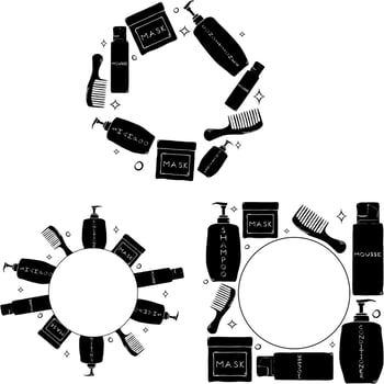 Hair treatment bottles circle round frame set. graphic line ink template illustration. Place for your text, logo shampoo, Doodle cosmetics background for beauty shop. vector
