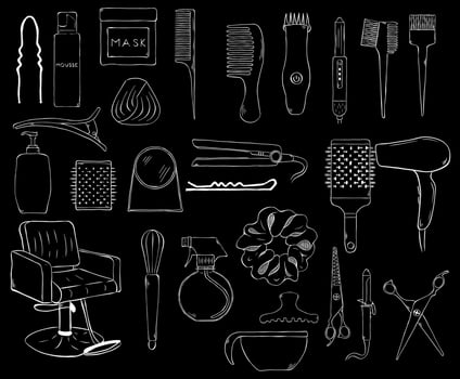Barbershop utensils Haircut barber isolated items set. graphic line ink illustration. Contain symbol of clipper, barber pole, comb, razor blade, chair, sprayer, pomade, hair dryer, brush vector