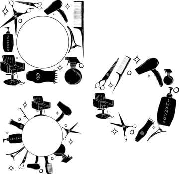 Barbershop tools circle round frame set. graphic line ink template illustration. Place for your text, logo hairdressing tools Hair salon accessories, hair dryer, comb, scissors and doodle. vector