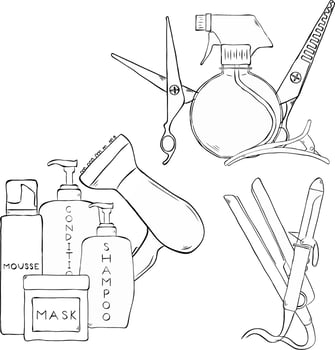 Hair treatment barber haircut composition set. graphic line ink illustration. scissors, curler, shampoo bottles design for fashion graphics, textile prints, fabrics, wallpapers. vector