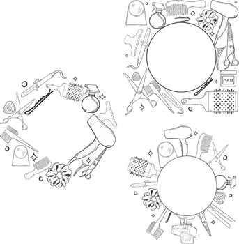 Hair salon tools circle round frame set. graphic line ink template illustration. Place for your text, logo flayer and business card for hair salon or hairdresser vector