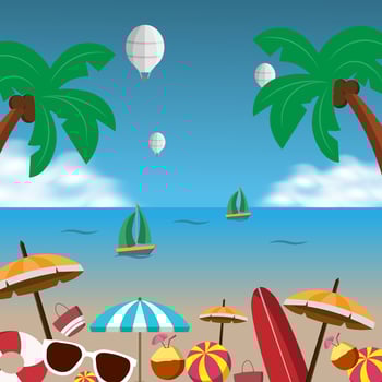 illustration of a fresh flat design of a tropical island with palm trees and a lounge chair brightsun vector
