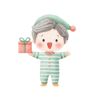 Watercolor Illustration of a Child with Gift Christmas Present. png
