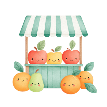 Cute Watercolor Fruit Stand with Happy Apples and Oranges. png