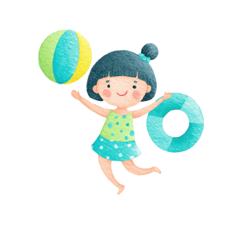 Summer Fun Watercolor Girl with Beach Ball and Float. png