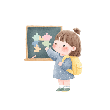 Little Girl Learning Puzzles on Blackboard Illustration. png