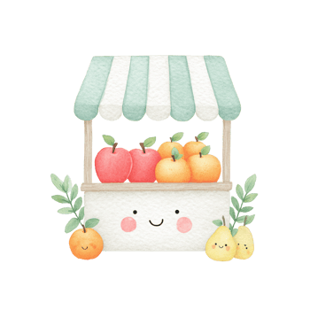 Whimsical Watercolor Fruit Stand with Happy Apples and Pears. png