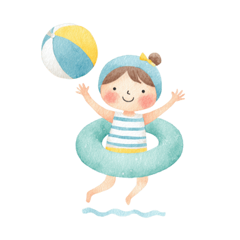 Watercolor Summer Illustration Girl with Beach Ball and Float. png