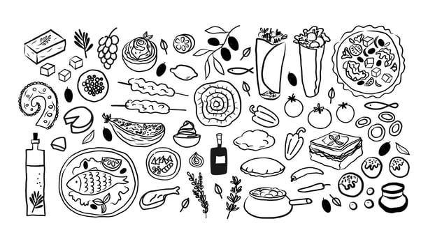Greek cuisine doodle on isolated background. Ink sketch with homemade feta cheese, seafood, olives oil, stuffed eggplants, pastries, fruits, vegetables, bread. vector