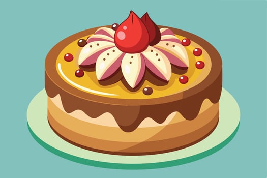 Delicious Fruit-Topped Cake on Plate, Delightful Dessert Illustration, Appealing Bakery Treat, Sweet and Festive Mood vector
