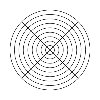 Polar grid of 8 segments and 8 concentric circles. Blank polar graph paper. Circle black diagram of life style balance. Wheel of life template. Coaching tool for visualizing all areas of life. vector