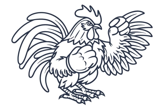 Strong rooster mascot with boxing gloves, aggressive pose, sports competition, symbol of power and determination vector