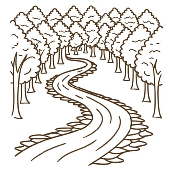 Winding road through forest with tall trees scenic pathway illustration, nature landscape, seasonal woodland scene vector