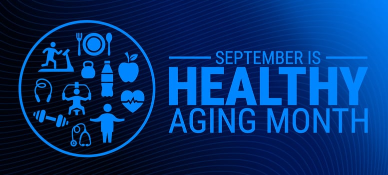 Healthy Aging Month blue technology background, banner, or poster design template is observed every year during September, to raise awareness about the mission. vector