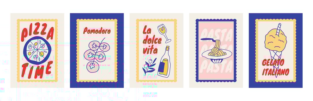 Summer Italy vintage posters. La dolce vita postage stamps with image of Italian Mediterranean wine, pasta, pizza, tomatoes, gelato, decor. illustration ink doodle sketch style. vector