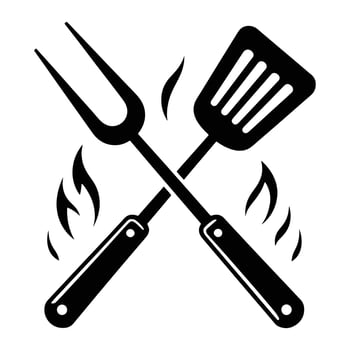 Crossed barbecue spatula and fork with flames grill cooking vector