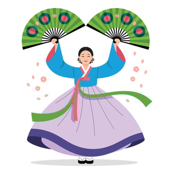 A woman in traditional korean clothing holding two fans vector