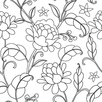 Coloring. Seamless pattern with floral ornament in vintage style. Line art. vector