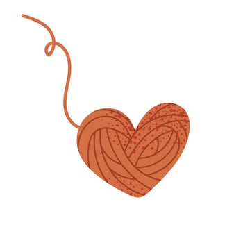 Heart-shaped yarn ball with loose thread end. Symbol of love for knitting, crochet, and handmade crafts. Flat illustration isolated on white background. vector