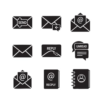 Collection of black silhouette icons related to email communication and contact management message vector