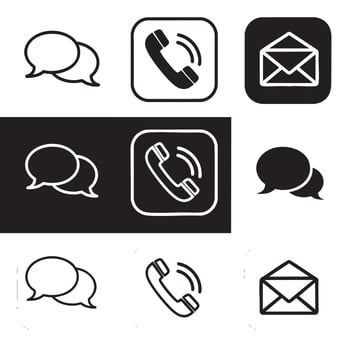 Communication icons with chat bubbles ringing telephone and envelopes on black and white backgrounds vector