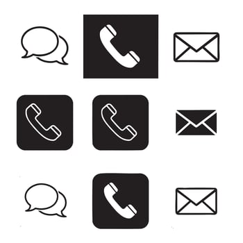 Collection of communication and contact icons with speech bubbles and telephones on white and black backgrounds vector