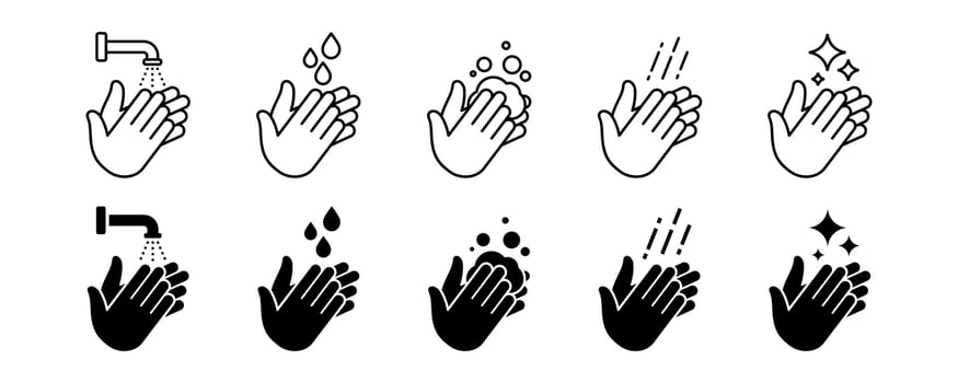 Wash your hands icons set. Hand washing icons set. Hand drawing with water tap, drop, soap bubble sign vector