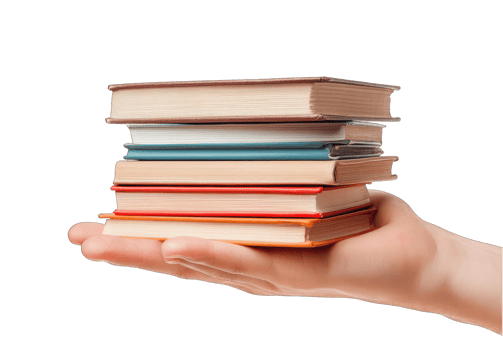 A hand holds a stack of old, antique books isolated on transparent background png