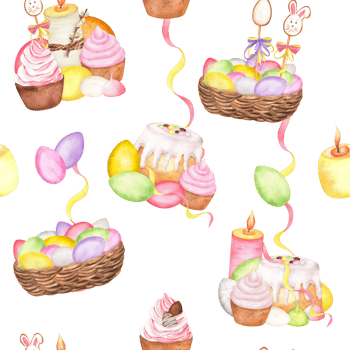 Watercolor green, yellow, pink eggs in a basket, iced cake and cupcakes with pink cream in seamless pattern. Happy Easter clipart. Hand-drawn illustration for wrapping paper, tablecloth, napkins png