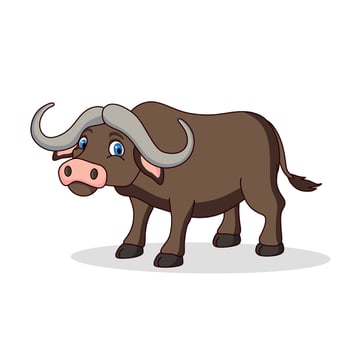 Cute African buffalo bull cow cartoon, isolated on a white background. Ideal for childrens designs, character cute childish style vector