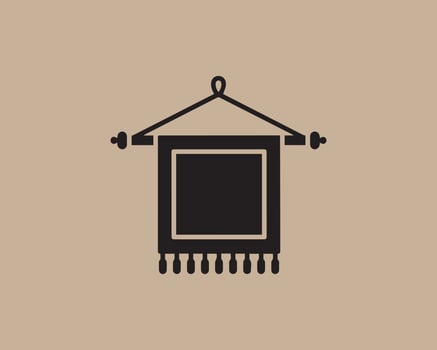 Simple black square banner with tassels hanging on a wooden rod vector