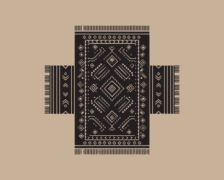 Intricate black and white tribal patterned rug with fringed edges on a neutral background vector