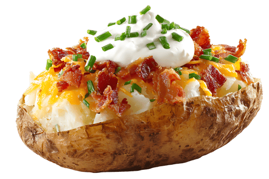 Delicious loaded baked potato with sour cream and bacon isolated on transparent background png