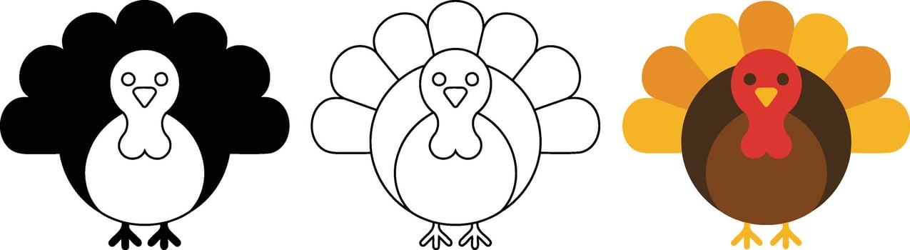 Collection of Thanksgiving turkey icon illustrations in different styles, black and white, outline, and color vector